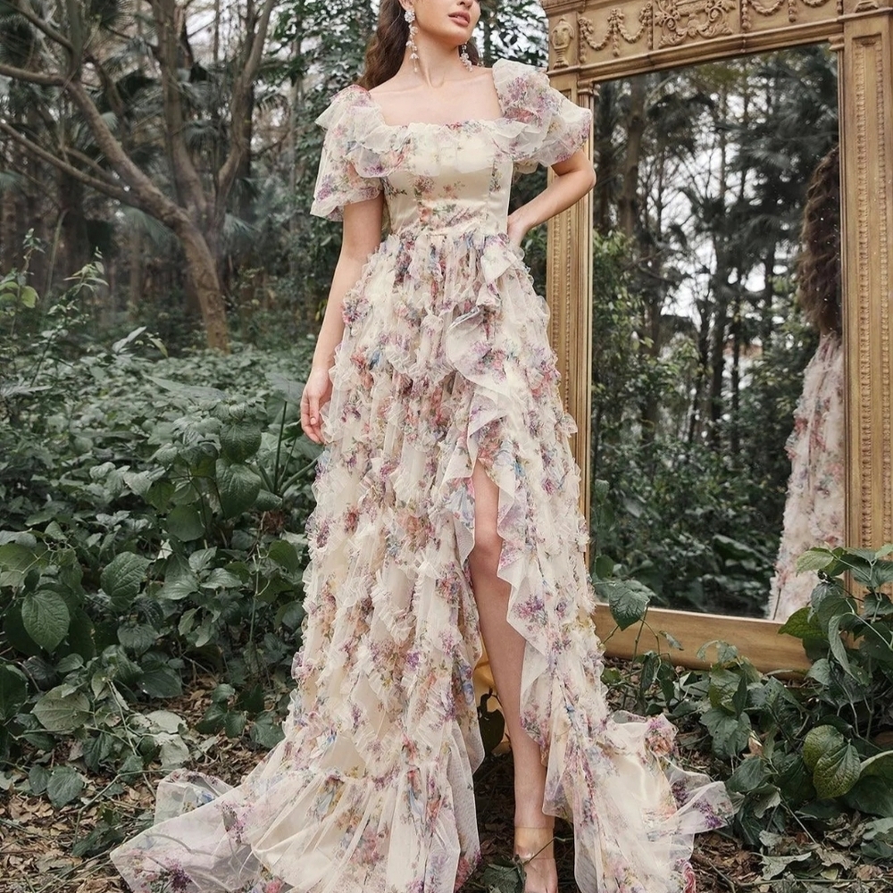 Elegant Ruffle Trim Puff Sleeves Floral Organza Prom Dress XL